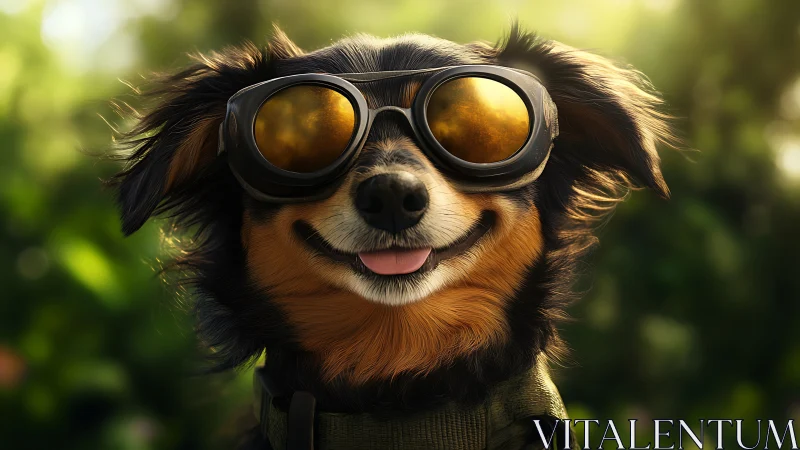 Dog wearing reflective goggles outdoors in soft daylight.