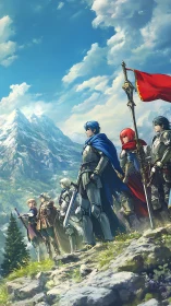 Valiant heroes stand united beneath a bright mountain sky