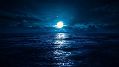 High-contrast nocturnal seascape with specular moon reflection band