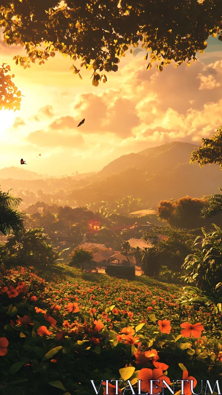 Lush valley village under radiant tropical sunset glow.