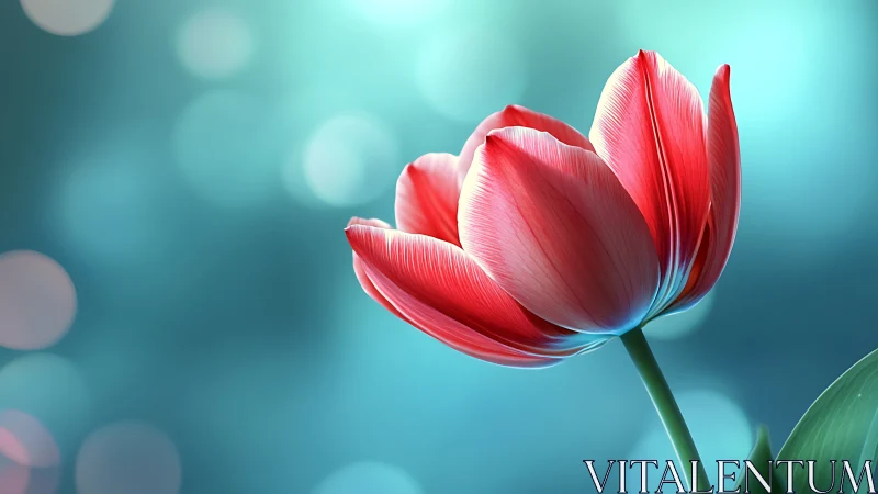 Red Tulip Against Turquoise Bokeh Background.