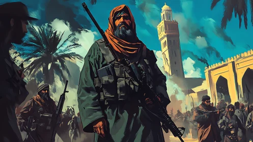 Armed group stands in urban square beside tower and palms