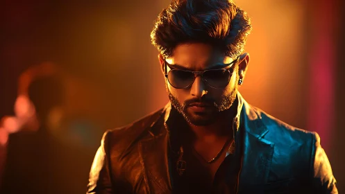 Moody neon portrait of stylish man in leather and shades.