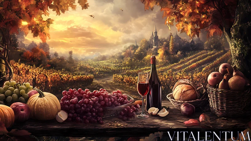 Still life arrangement overlooks structured vineyard landscape