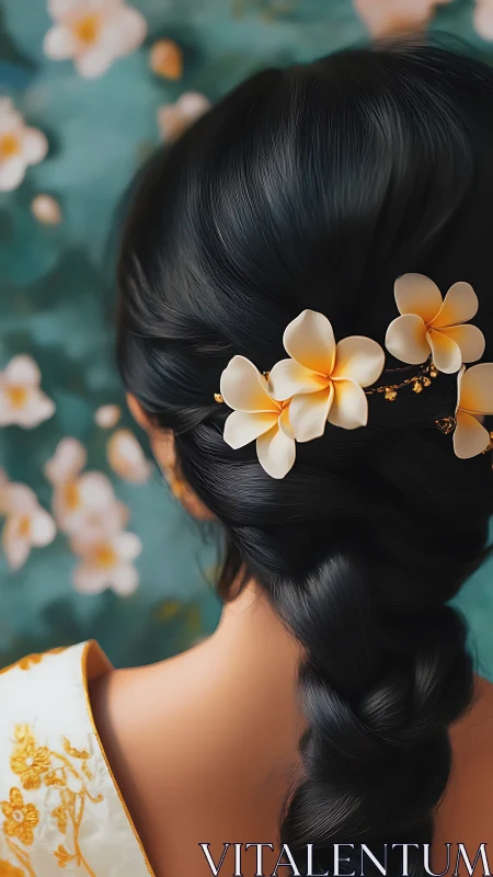 Soft braid and plumeria blooms against a dreamy backdrop.