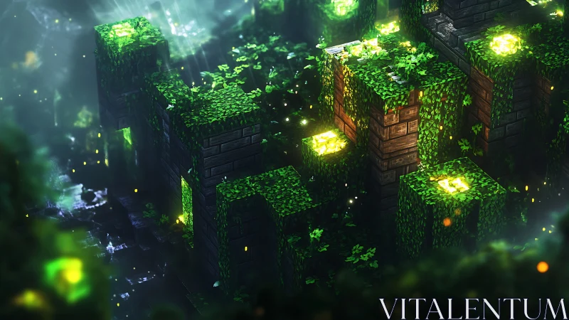 Luminous Moss Towers: Glow-Draped Ruins in Verdant Silence.