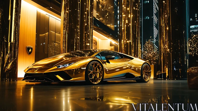 Golden supercar under luxury city lights at night.