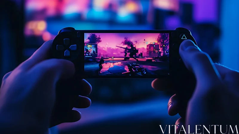 Handheld Gaming Device Display: Neon Cyberpunk Action Sequence.