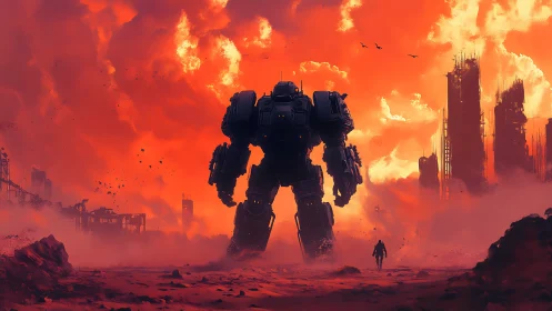 Giant combat mech in red post apocalyptic wasteland.