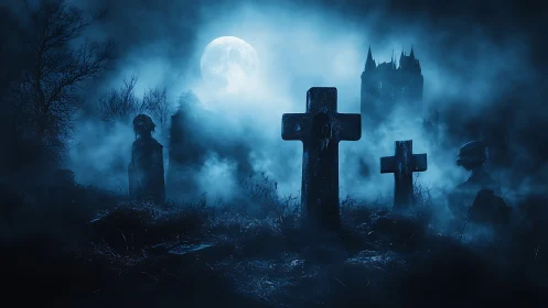 Moonlit graveyard with crosses and distant cathedral silhouettes.
