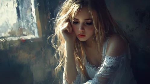 Melancholic blonde woman by window in soft moody light.