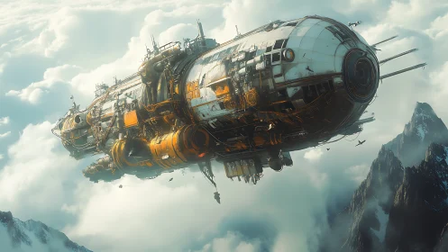 Large industrial airship above alpine mountain peaks.