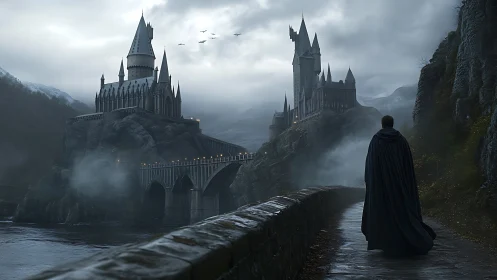 Shrouded wanderer approaching misty cliffside fortress at dusk.