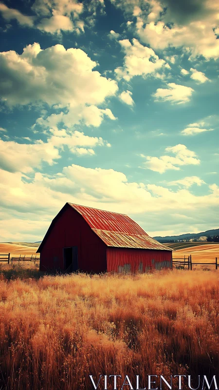 Weathered red barn standing in golden rural wheat field.