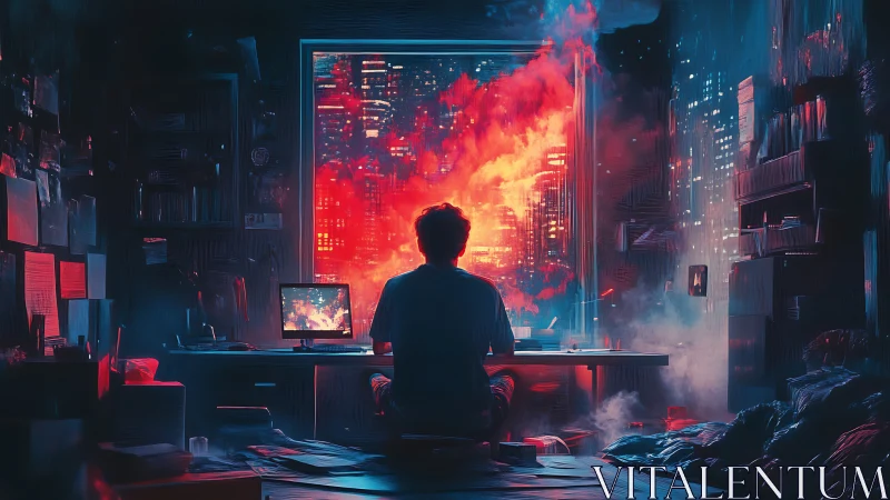 Solitary figure at desk facing burning cityscape window.