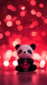 Cute panda plush glows against red bokeh holiday lights.
