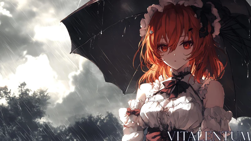 Red haired gothic girl stands in storm rain under umbrella