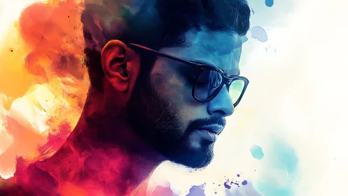 Profile portrait of man in glasses with vivid color wash