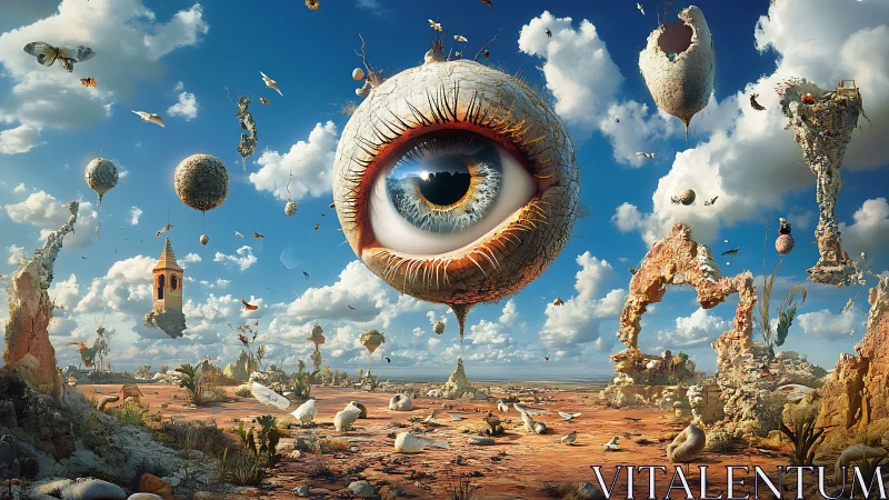 Aerial ocular monolith surveying eroded surrealist desertscape.