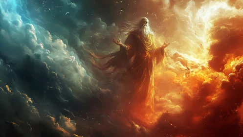 Robe‑clad elder between cool and warm cloud masses.