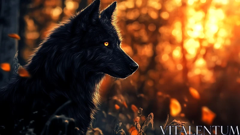 Midnight wolf profile in ember-lit autumn woodland glow.