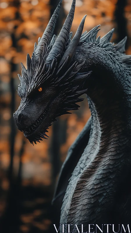 Side-profile study of dark dragon with autumn backdrop.