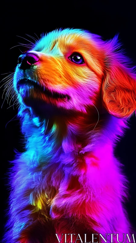 Radiant rainbow puppy gazing up with soft, hopeful eyes.