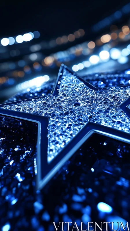 Metallic star with crystal surface in blue bokeh field.