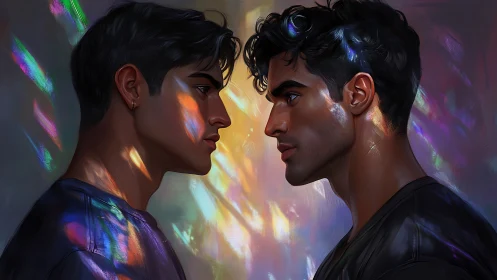 Twin men face each other under refracted prism light.