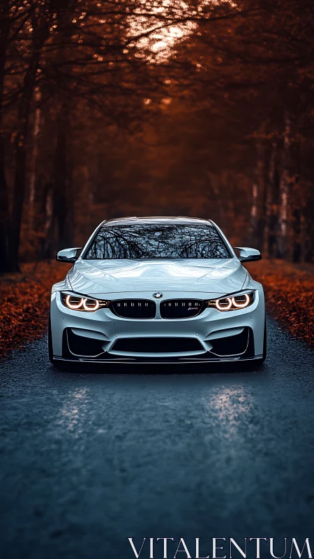 Front-axial sports coupe framed by compressed telephoto forest corridor