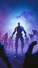 Armored human figure surrounded by hostile creatures at night.