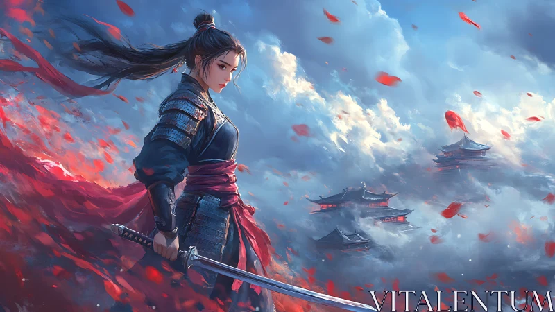 Warrior in crimson wind guarding misty mountain temples.