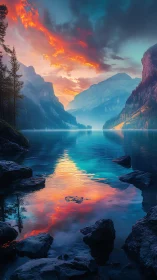 Luminous mountain lake at sunset with dream-bright skies.