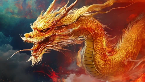 Golden serpent-like dragon head extends through fiery clouds