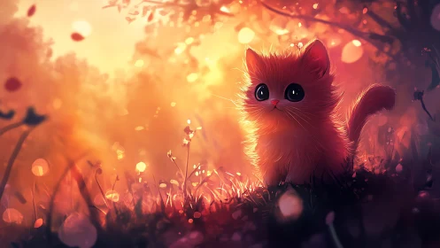 Red feline figure in luminescent botanical setting.