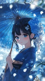 Girl in blue kimono holds umbrella amid falling petals