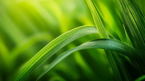 Sunlit green grass blades curve in a serene close-up scene.