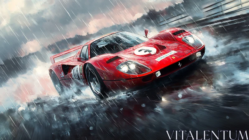 Scarlet race legend slicing storm-lit asphalt in fury.