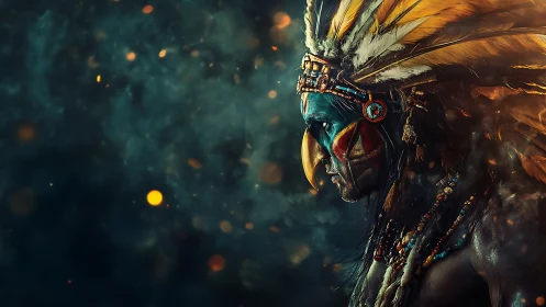 Profile portrait of tribal warrior in ornate feathered headdress