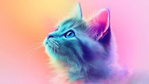 Multi-spectrum feline portrait with iridescent gradient rendering and volumetric atmospheric effects