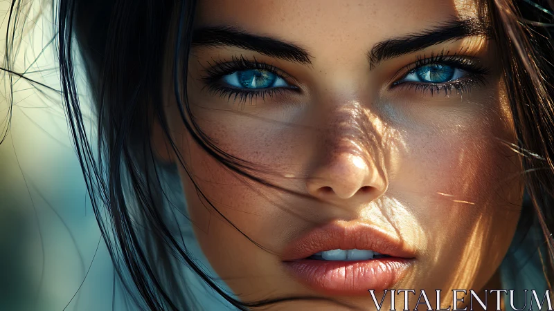 Digital portrait close-up with intense blue eyes and light play.