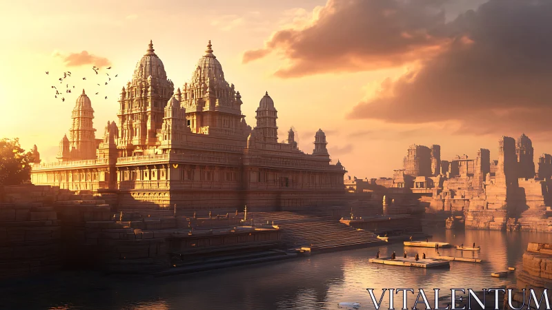 Riverside sandstone temple complex under low warm light.