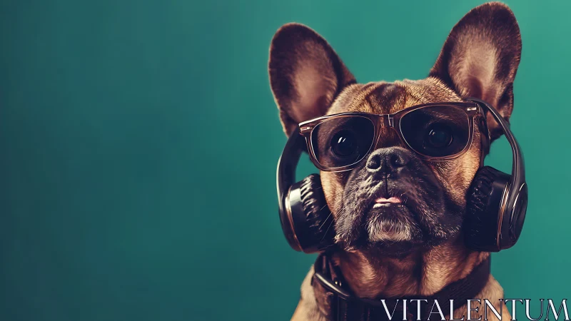 French bulldog portrait with sunglasses and over-ear headphones