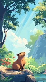 Sunlit capybara pauses to daydream beside a forest stream