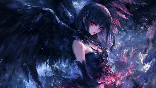 Dark-winged anime seraph with crimson eyes in ethereal vortex