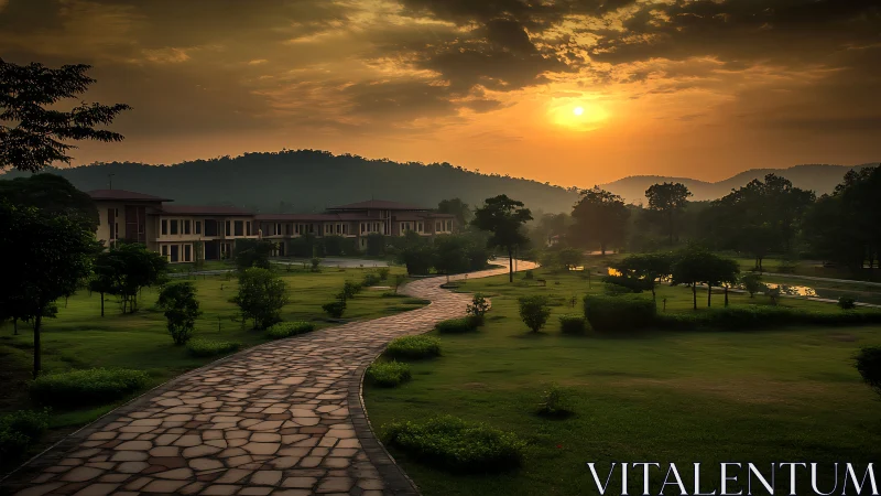 Sunlit campus path curling through emerald morning calm.