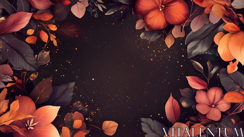Autumn floral border design with dark negative space center.