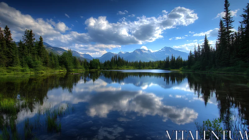 Mountain lake reflects conifer forest and clouded blue sky