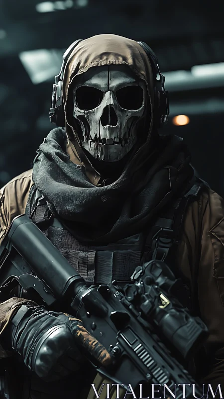 Hooded skull-masked commando with rifle in cinematic focus.