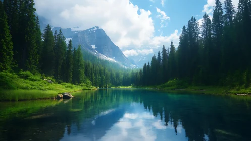 Quiet mountain lake rests between deep forest and bright sky